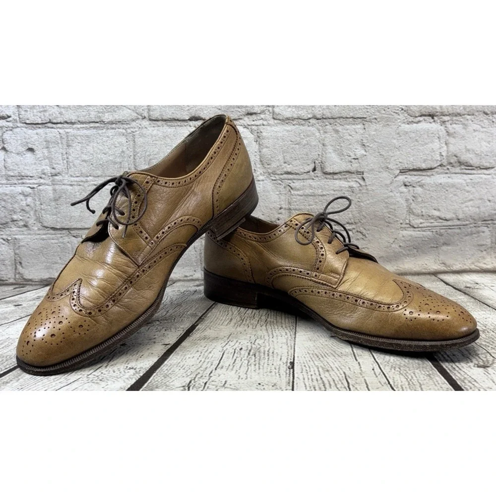 Salvatore Ferragamo Men's Tan Leather Wingtip Oxford Brogue‎ Shoes 8.5D Italy